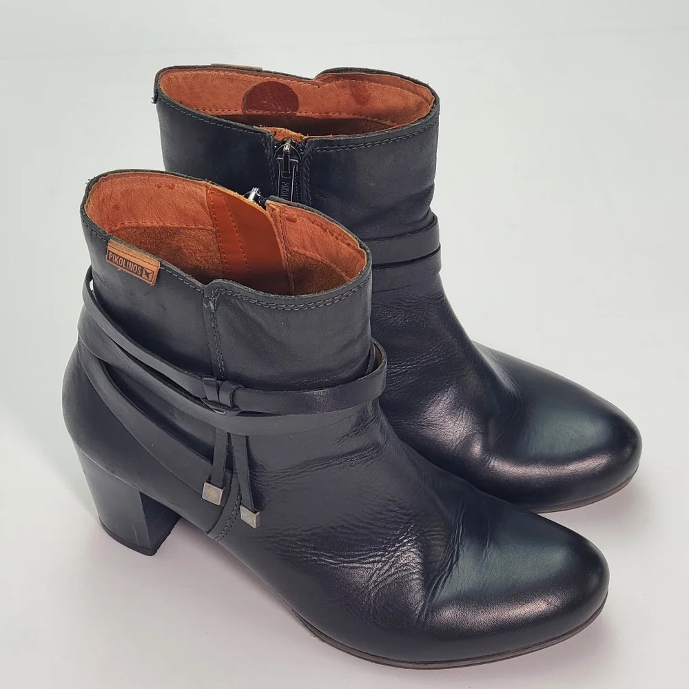 Pikolinos Womens Heeled Black Leather Western Slouch Zip Ankle Boots Sz US 8.5-9